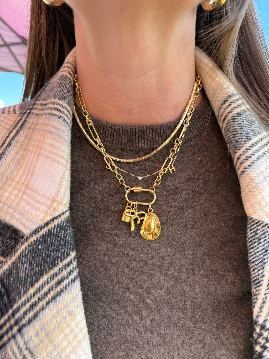 Mixed Link Carabiner Lock Charm Necklace - Gold