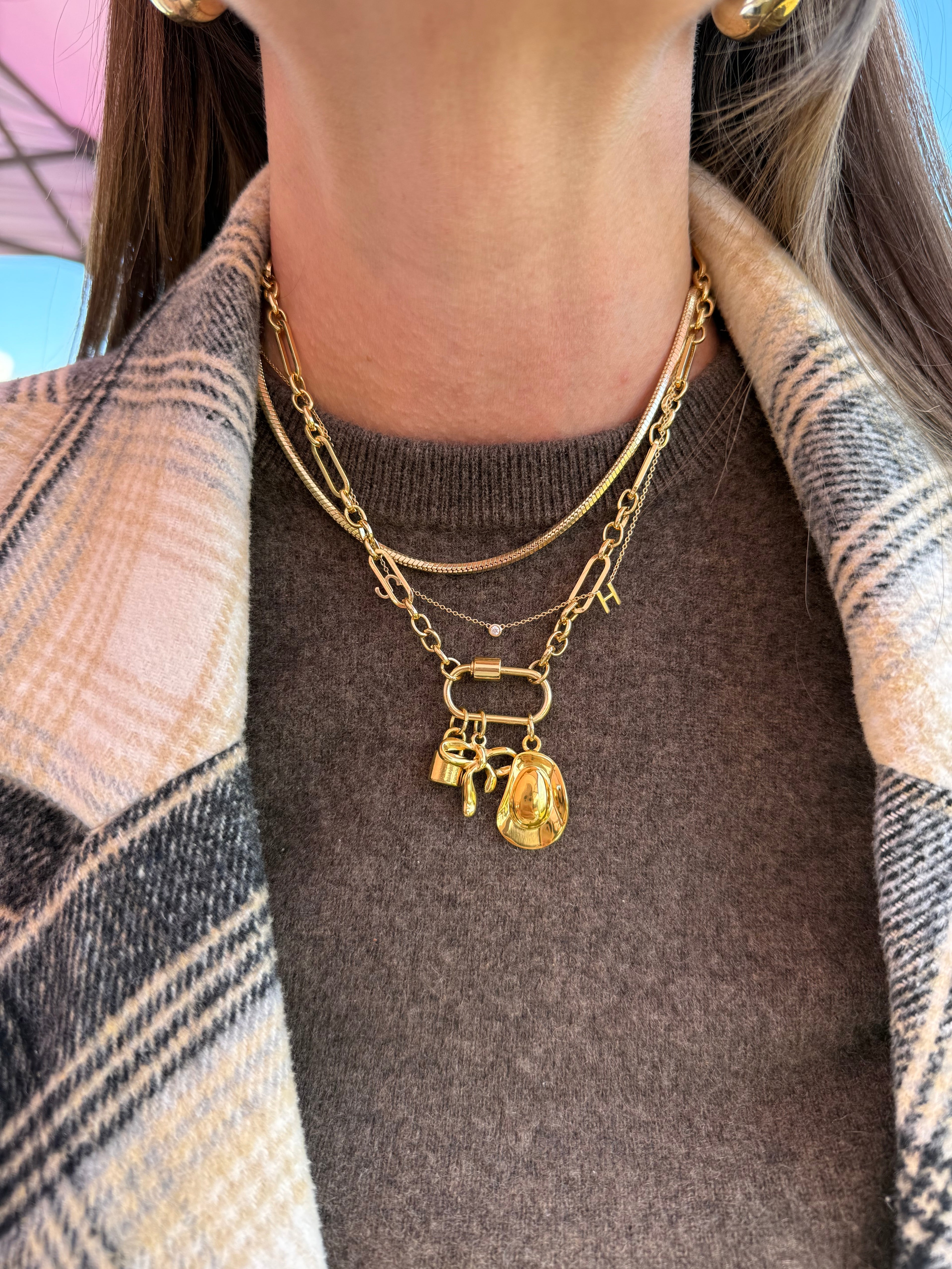 Mixed Link Carabiner Lock Charm Necklace - Gold